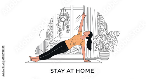 Young woman practices a side plank yoga pose in her home living room during a stay at home wellness session for fitness.