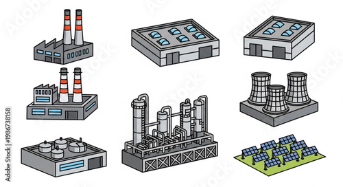 Isometric Industrial Buildings and Factories - A Diverse Collection of Energy Production Facilities.