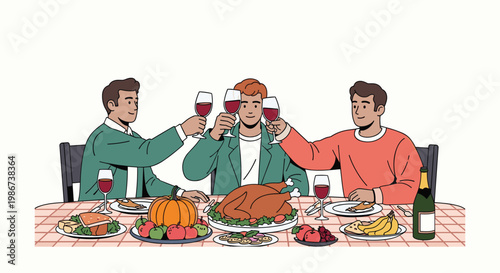 Three male friends toast with glasses of wine during a festive dinner featuring a large roasted turkey and fruits.