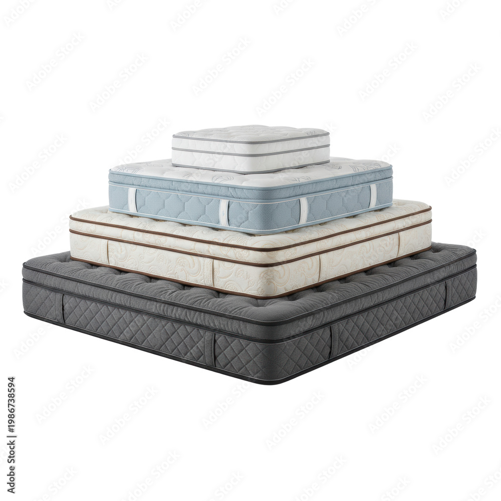 Obraz premium Vertical stack of four mattresses of varying sizes and quilted patterns in a neat stair-step arrangement, showcased on a transparent studio background luxury comfort