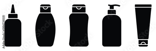 Black silhouettes of various cosmetic product containers including shampoo bottle, lotion pump dispenser, and squeeze tube for beauty and personal care industry packaging design elements.