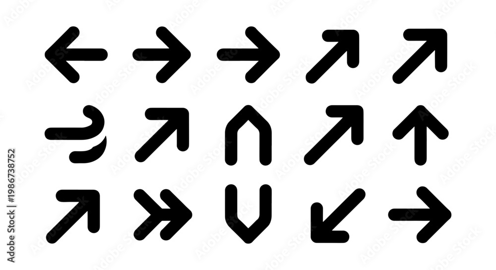 Fototapeta premium Minimalist black arrow icons set, 15 bold directional vector symbols, modern navigation pointers for web interface and app design