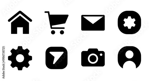 Minimalist black web icons set, 8 flat vector interface symbols, modern mobile app navigation elements for digital design and UI UX projects