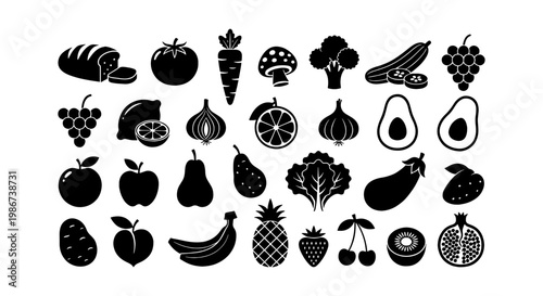 Black food icons set, 28 flat vector fruit and vegetable symbols, organic grocery silhouettes, healthy nutrition collection for menu design