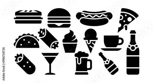 Fast food icon set with 15 black silhouettes, junk food and beverage vector elements, restaurant menu symbols for takeout and dining