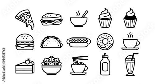 Minimalist fast food icon set, 15 black line vector elements, restaurant menu symbols including pizza burger and coffee, simple food illustrations
