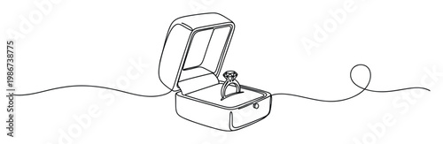 Elegant continuous line drawing of an open ring box holding a dazzling engagement ring, perfect for wedding promotions, jewelry store advertisements, and romantic themed graphics.