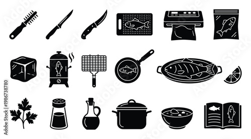Comprehensive set of fish and seafood cooking preparation tools, kitchen equipment, fresh ingredients, and serving dishes for culinary instruction and menu design.
