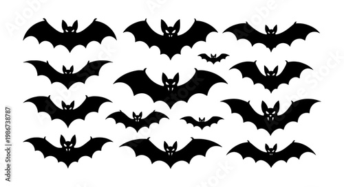 Halloween bat silhouettes collection, black flying bats vector set, spooky vampire bat icons for holiday decor, 14 gothic animal elements on white