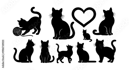 Black cat silhouette collection, set of 9 feline animal shapes with heart and yarn ball, minimalist kitten vector icons for pet lovers