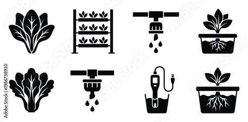Icons showing hydroponic farming, vertical garden, drip irrigation, plant growth in water, and nutrient measurement, useful for modern agriculture, indoor gardening, and sustainable food