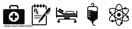 Medical healthcare and science icons first aid kit prescription hospital bed IV bag atom symbol for educational content and healthcare industry media applications