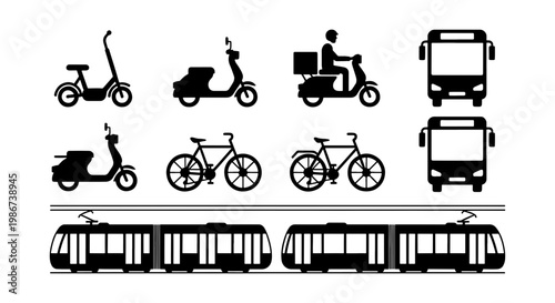 Urban transport icons set, black silhouette city vehicle collection, public transportation and delivery scooter vector, bus and tram symbols