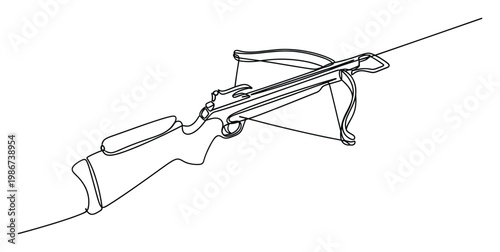 Single continuous line drawing of a classic crossbow weapon for traditional hunting, target shooting, and historical adventure graphic design projects.