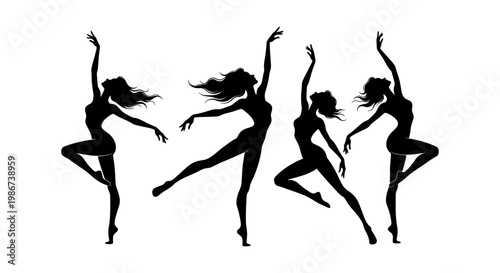 Graceful dancing woman silhouettes, set of four female dancer vector illustrations, elegant ballet and contemporary dance poses on white background