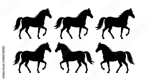 Black horse silhouette collection, set of 6 stallion vector icons, wild mustang side view profiles, equestrian animal shapes for logo design