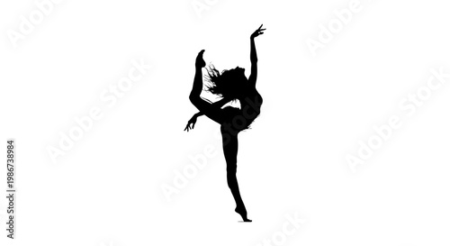 Graceful ballet dancer silhouette, expressive contemporary dance pose vector, artistic female performer in motion, elegant black silhouette on white background