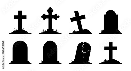 Spooky Halloween gravestone silhouettes, set of 8 cemetery headstones and crosses, black tombstone icons for graveyard design and funeral decor
