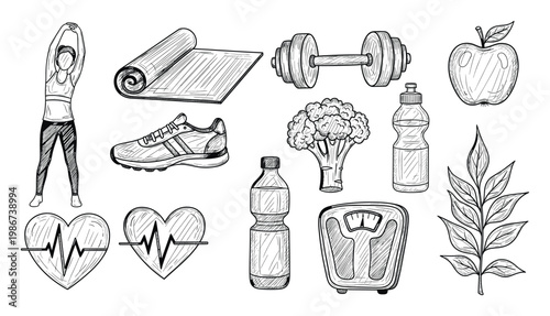 Collection of hand drawn health and fitness items including a stretching woman, yoga mat, dumbbell, sneaker, apple, broccoli, water bottles, heart with EKG, bathroom scale, and green plant