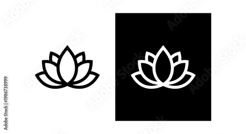 Minimalist lotus flower logo vector, zen water lily icon set, black and white floral symmetry for yoga and wellness branding, botanical line art
