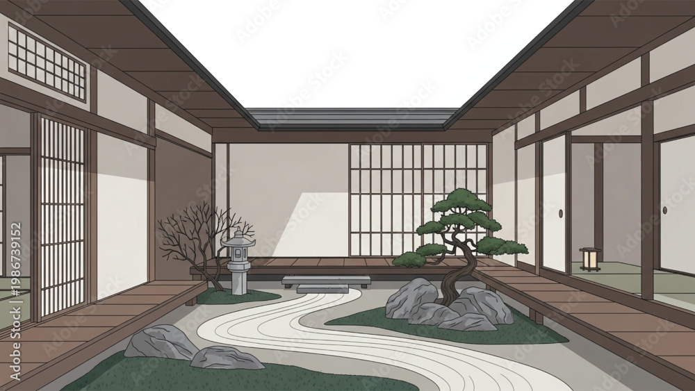 Fototapeta premium A serene Japanese style garden with a bonsai tree and winding stone path in a tranquil courtyard setting with traditional architecture.