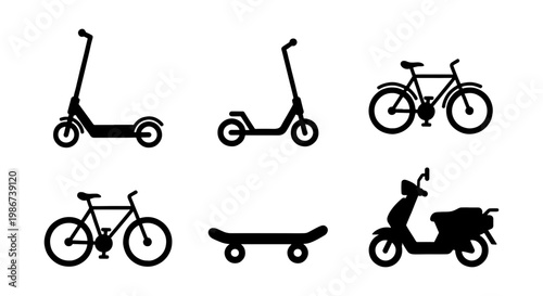 Minimalist urban transport icons, set of 6 black silhouettes including electric scooter, bicycle, skateboard and moped, eco-friendly city mobility vector