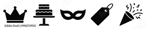 Collection of festive celebration event icons including royal crown, tiered cake, masquerade mask, price tag, and party popper perfect for invitations, marketing, and holiday promotions.