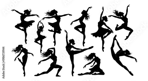 Graceful ballet dancer silhouettes set, elegant ballerina poses in black vector icons, 10 feminine dance figures for performance and theater design