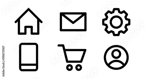 Minimalist black line web icons set, 6 essential UI vector elements, modern outline navigation symbols for mobile apps and website interface design