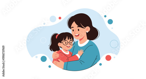 Young mother embracing her little daughter with glasses in a warm and loving hug against a soft decorative background with bubbles.