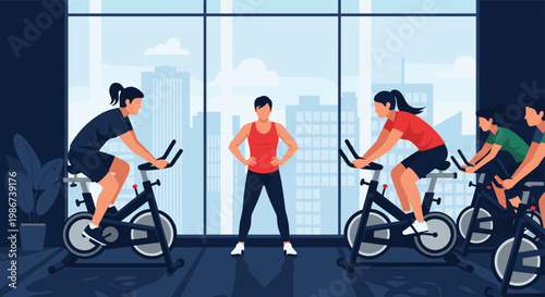 Group of people exercising on stationary indoor cycling bikes in a modern gym with a trainer and city view through the large windows.