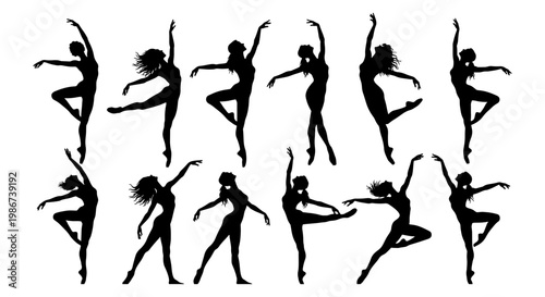Graceful ballet dancer silhouettes set, 12 elegant female ballerina poses in black vector, artistic contemporary dance figures for performance posters