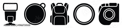 Essential photography equipment icons for digital projects featuring camera flash reflector backpack lens and camera useful for photographers websites applications and graphic resources