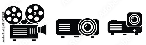 Classic film projector and modern digital projectors for various media presentations and entertainment setups, suitable for technology related projects and visual communication.