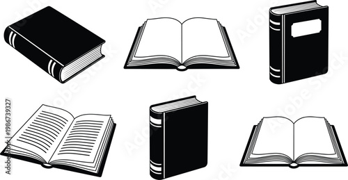 Set of black and white book icons featuring open and closed hardcover textbooks for education literature library research and school study graphic design elements