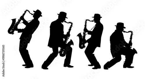 Jazz saxophone player silhouettes, set of four male musician figures playing sax, black vector outlines of performers in hats and suits