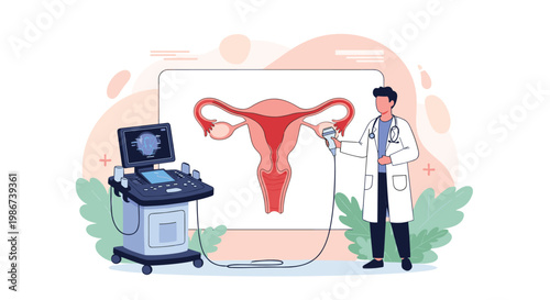 Professional doctor using an ultrasound scanner on a large diagram of the female reproductive system for medical examination purposes.