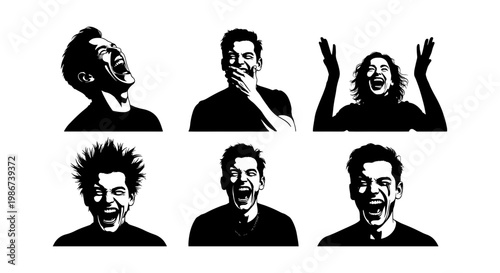 Expressive laughing people silhouettes, set of 6 black and white vector portraits, joyful men and women with happy facial expressions and emotions