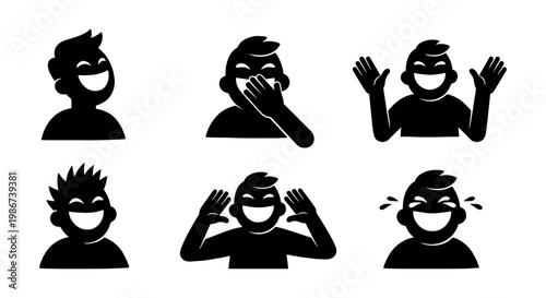 Laughing people silhouette icons, set of 6 happy character avatars, joyful human expressions vector, black and white comic style emotion graphics