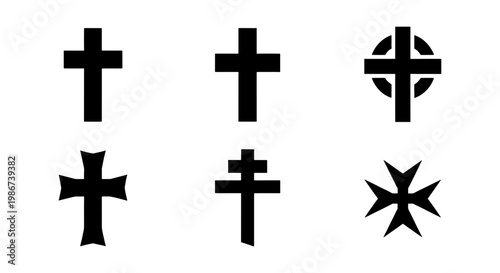 Religious Christian cross icons set, black silhouette crucifix symbols collection, 6 vector elements for church and faith branding