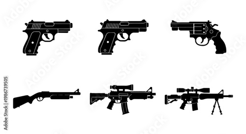 Black firearm silhouette collection, set of 6 gun vector icons, tactical rifle and handgun silhouettes, military weapon illustrations for gaming