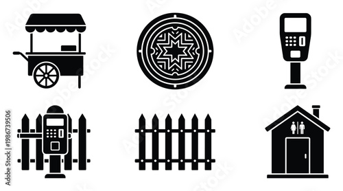 Food cart, manhole cover, parking meter, fence, public restroom glyph icons, depicting essential urban and public space, perfect for graphic design and mapping applications.