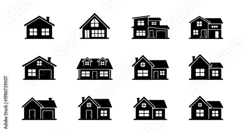 Modern house icons set, black silhouette residential building vector collection, 12 home exterior symbols for real estate and architectural design