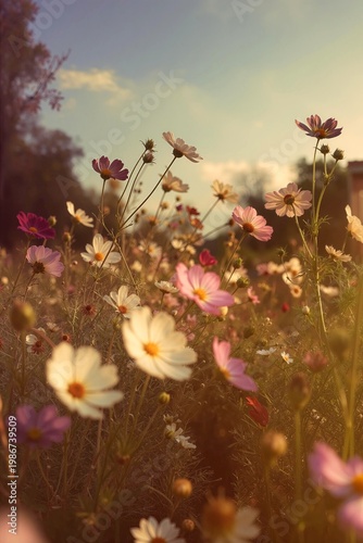 A vibrant field of wildflowers in various colors bathed in the warm glow of the setting sun, capturing the serene beauty of nature.