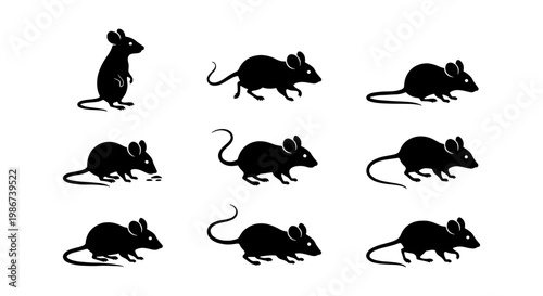 Black mouse silhouette collection, set of 9 rodent icons in various poses, minimalist rat vector graphics for pest control and wildlife design