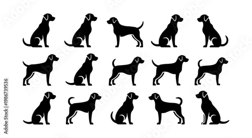 Black dog silhouette collection, 15 labrador and retriever vector icons. Minimalist pet animal silhouettes in sitting and standing poses, flat canine graphics