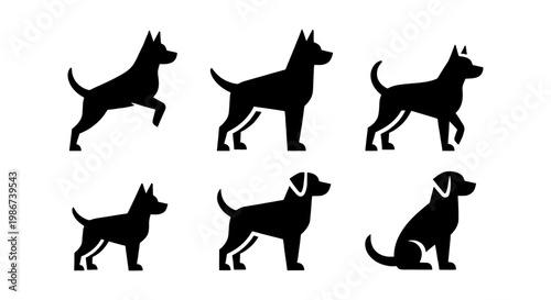 Minimalist dog silhouette collection, 6 black canine icons in various poses, flat vector pet animal set for veterinary and pet care branding