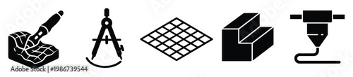 Collection of engineering and architectural design tools with manufacturing technology symbols for digital drafting and industrial innovation concepts