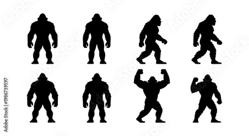 Bigfoot silhouette collection with 8 vector elements, mythical sasquatch creature in various poses, yeti and ape man character silhouettes for outdoor adventure