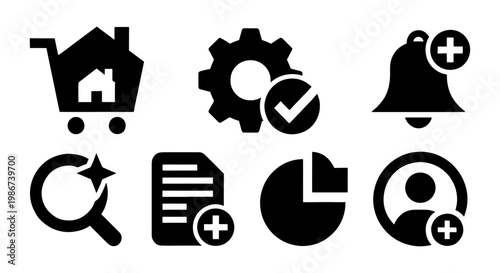 Minimalist black web icons set, 7 flat vector interface symbols, business and e-commerce UI elements for mobile apps and website navigation